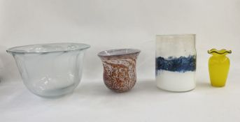 1930's Bohemian bright yellow 'Tango' glass vase with black rim, height 13.5cm, a Large art glass