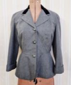 A vintage grey jacket labelled Dellbury Model, tailored in England, pure worsted, velvet detail to