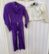 1870's printed silk 'Polonaise' with front button fastening, frill detail to the sleeves (silk is