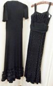 A mid 20th century full length evening dress, black crepe and chiffon decorated with faux jet,