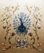 Silk embroidery on gold silk ground, peacock with magnolia and floral scrolling border, in gilt