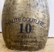 Antique dress mannequin, marked 'Haute Couture 10 Paris brevete S.G.D.G. 50406', has been
