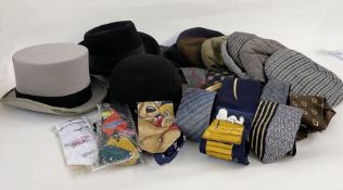 Grey top hat, no maker's name, fairly modern, a black felt Fedora labelled 'Made by Denise Innes',