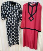 1980's drop waist dress, red with black detail labelled Balzara size 10, and a silk Venetski navy