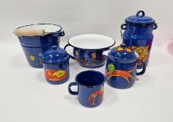 Smaltum Czech, blue and white enamelled metal wares decorated with cats, to include milk pale,