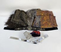 Assorted vintage items to include a silver diamante belt, a silver net shawl, an embroidered