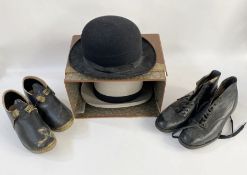 Grey top hat labelled 'Scott & Co., Piccadilly' within a vintage fitted hat box, a gent's black