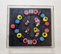 Painted wooden Liquorice Allsort jewellery to include beaded necklace, two brooches and a pair of