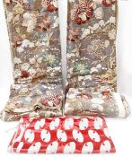 Two pairs of full length vintage linen curtains printed with hydrangeas and poppies lined and