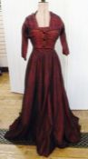 1950's evening dress with matching jacket black lace over red satin, strapless circle skirt, the