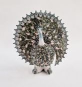 Studio pottery model of a peacock with thrown body and applied tail and feathers, green and blue
