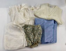 Various baby clothes to include a christening gown, trimmed with broderie anglaise and lace, a short