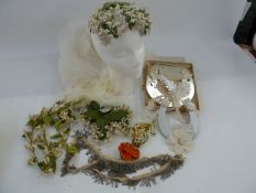 Vintage wedding hat, scalloped edges decorated with faux lilies of the valley, similar corsage,