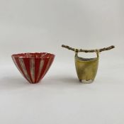 Debbie Page contemporary studio pottery pail in yellow glaze with found stick handle, impressed