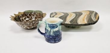 Lesley Williams studio pottery cake stand with incised wavy line decoration and ochre and black