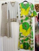 1970's maxi dress printed yellow and green flowers pleated angel sleeves labelled Crimplene, a