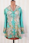 A 1920's/30's turquoise wool 3/4 length jacket, applied embroidery, lined in blue cotton,