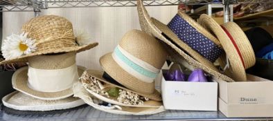 Quantity of vintage straw hats, some with daisy decoration, three panamas, a sunhat, a cloche hat