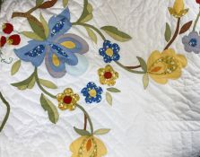 Pink and white patchwork quilt, another floral decorated, quantity table linens, lace and other