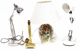 Stainless steel anglepoise lamp, a white anglepoise lamp, a brass-coloured metal table lamp shaped