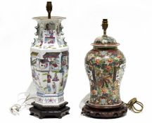 Large Oriental baluster table lamp, 49cm and an Oriental-style ? on a stepped wooden base, decorated