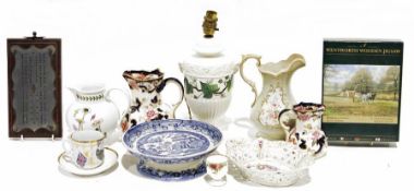 Portmeirion milk jug, two Masons Ironstone Mandalay jugs, a ceramic table lamp in the shape of an