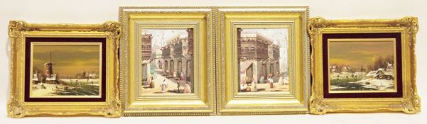 Oil on board  Eastern continental town scene with figures in foreground and mosque/church in the