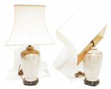 Pair of ceramic table lamps, ovoid shape, scrambled paint with Empire style gilt decorations and two