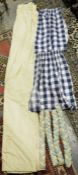 One pair pale yellow lined and interlined curtains with blue and yellow tiebacks, a pair of short