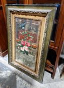 Painted and engraved wall mirror, rectangular with vase of flowers decoration, 93cm x 63cm