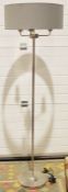 Laura Ashley silver-coloured metal standard lamp, three-branch lighting with a grey linen shade,