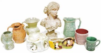 Assorted clocks, a resin bust of a gypsy girl, various Dulac-style jugs, Carltonware-style vases,