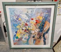 Weg(?) (20th century school) Large colour print Still life, vase of flowers and cello, circa 1990,