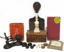 Assorted wooden chopping boards, baskets, scales lacking bowl but has weights, vintage boxed