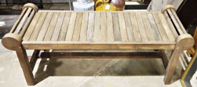 Wooden slatted garden bench with scrolled ends, on four supports, 133cm long x 150cm high