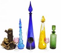 One flashed glass claret glasses, two engraved claret glasses, four mid 20th century coloured