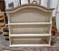 Painted pine dresser top with arched cornice, two stepped open shelves, 114cm high x 120cm wide x