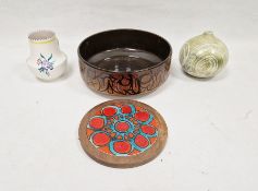 Poole pottery brown glazed bowl painted with foliate panels on a mottled ground, 25cm diameter, a