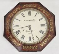 Victorian wall clock in octagonal rosewood case, inlaid with brass floral motifs, the 30cm