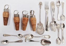 Set of six Dutch teaspoons, bird and floral engraved with twist stems and a matching caddy scoop,