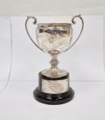 1930's silver two-handled trophy cup 'Mount Pleasant Bridge Club', on circular black plastic base