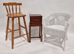White painted wicker chair, a pine bar stool and a mahogany bedside chest of three drawers (3)
