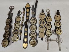 Large quantity of horse brasses mostly mounted on leather harness sections and other horse related