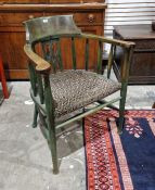 LOT WITHDRAWN Arts & Crafts green stained open armchair with horseshoe shaped cresting rail, pierced