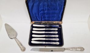 Set of six early 20th century silver-handled tea knives, floral decorated, Sheffield 1904, cased and