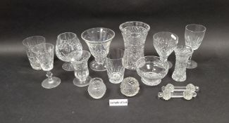 Assorted glass tableware, including a Waterford cut glass vase, assorted wine glasses, brandy