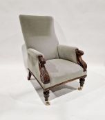 Victorian square-back upholstered armchair in grey velvet, having foliate carved mahogany arm rests,