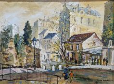 Juan Manuel  Oil on canvas Winters street scene with mother and child, signed lower right, 29cm x