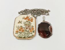 Silver and a banded agate pendant and a Japanese Satsuma silver mounted pendant on chain (2)
