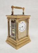 19th century gilt repeating carriage clock by S J Rety, reeded bar handle, reeded columns,